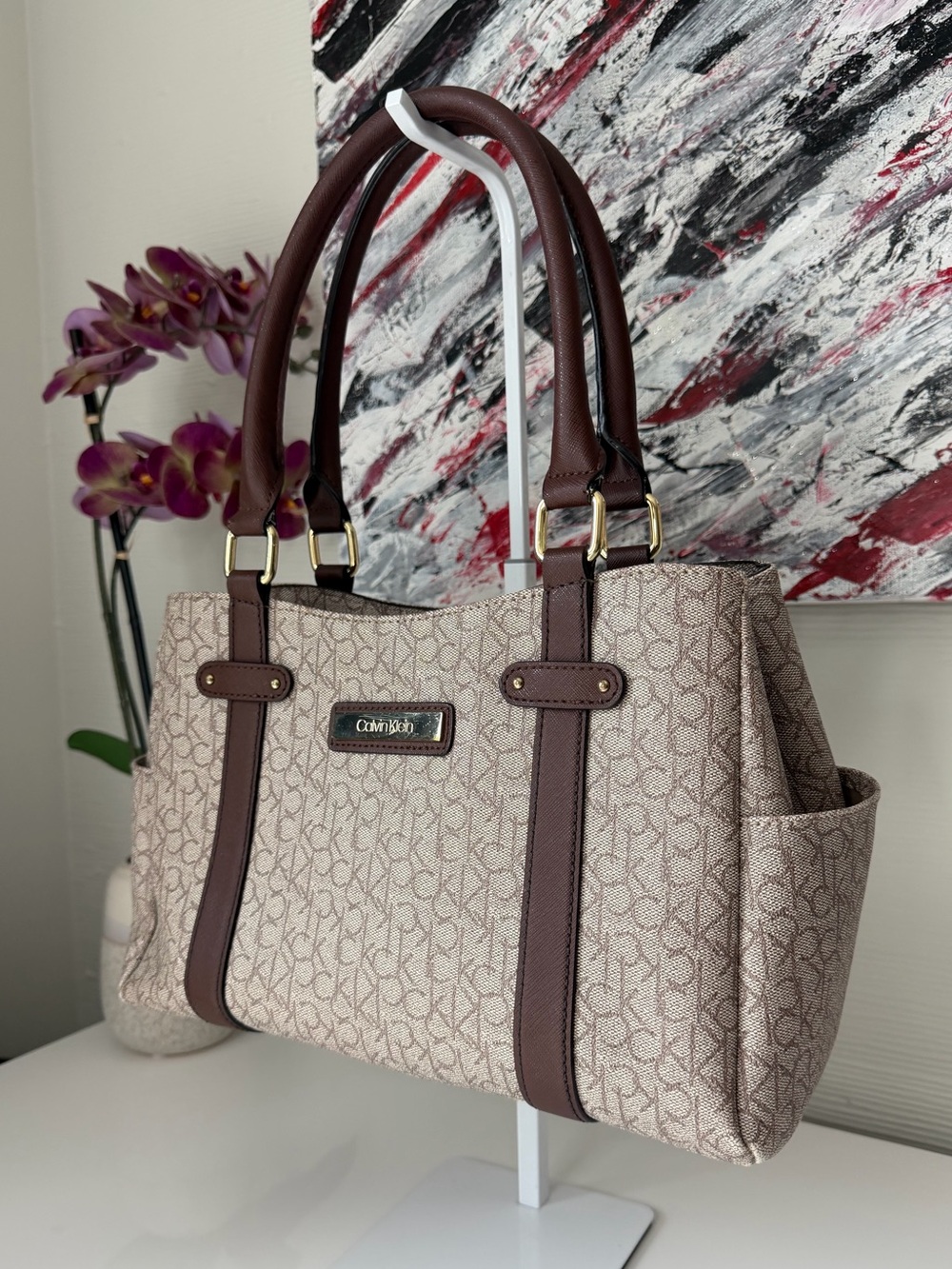 Calvin Klein Hudson Signature Monogram Satchel Shoulder Bag – Brown/Taupe